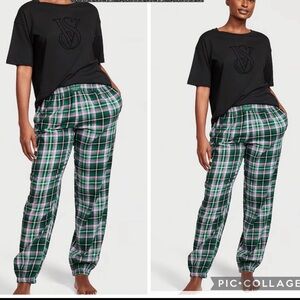 Victoria’s Secret flannel jogger tee pj set m Black pink green buffalo check